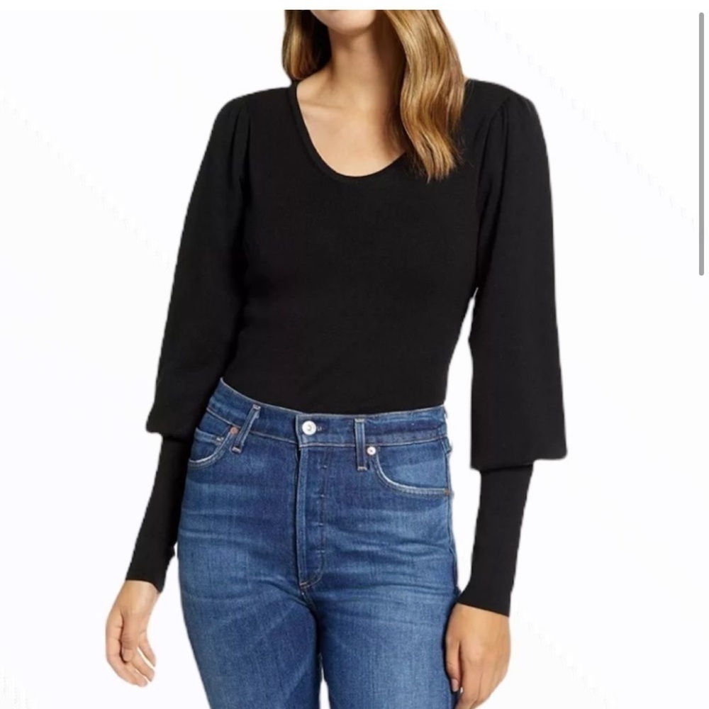 Rachel Parcell Wool Blend V Neck Puff‎ Sleeve Sweater Black XS